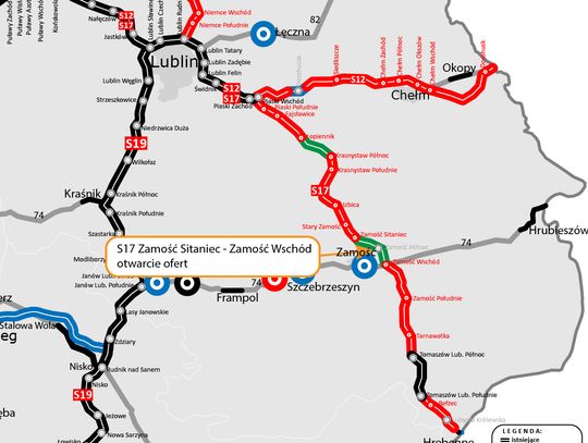 Budowa drogi ekspresowej między węzłem Piaski Wschód a granicą z Ukrainą w Hrebennem jest podzielona na 9 odcinków o łącznej długości 115 km.