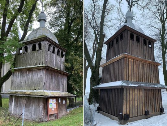 Na zdjęciu dzwonnica w Szczepiatynie (gm. Ulhówek) przed i po renowacji.