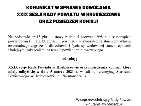 Hrubieszów: Radny z covidem, obrady odwołane (TYLKO W GAZECIE)