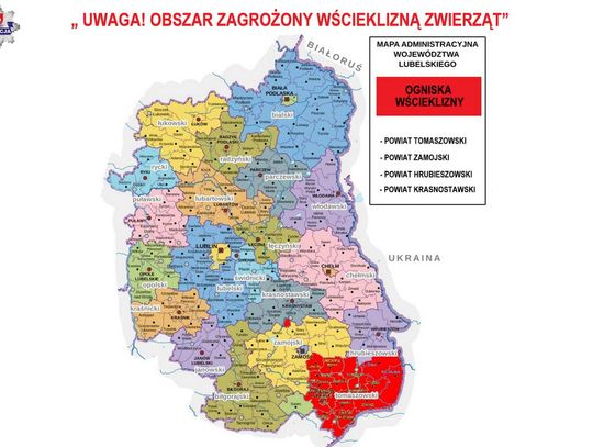 Na mapie obszar zagrożony wścieklizną zwierząt.