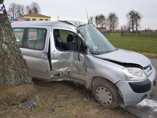 Nie wyrobił się na śliskim zakręcie. Peugeot uderzył w drzewo