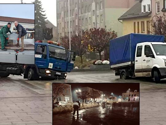 Dwie ciężarówki MPGK zapadły się na fontannie na rynku we Włodawie.