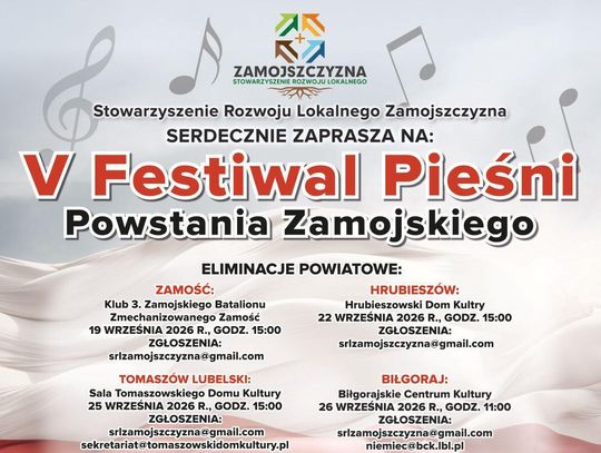 Stowarzyszenie Rozwoju Lokalnego „Zamojszczyzna” rozpoczęło nabór uczestników do V Festiwalu Pieśni Powstania Zamojskiego.