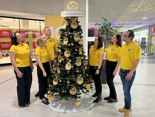 Świąteczna Choinka Cudów w Galerii Rynek, a przy niej wolontariusze Fundacji Parasol Roztocza.