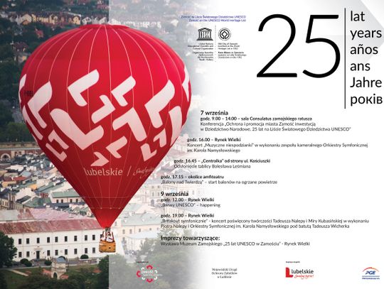 Zamość już 25 lat na liście UNESCO. Będą loty balonów, festiwal kolorów, koncerty