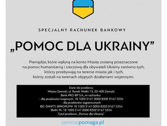 Zamość: Miasto otworzyło rachunek bankowy "Pomoc dla Ukrainy"