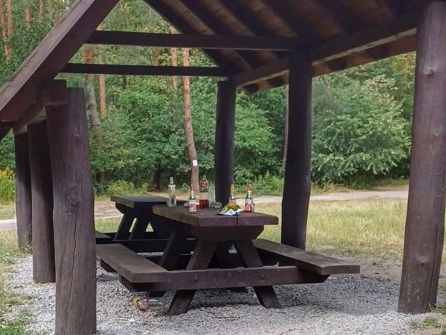 Balanga w lesie. Zostały po niej butelki i inne śmieci