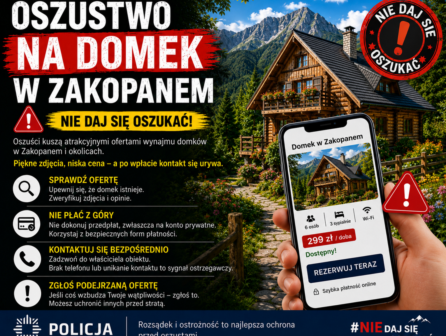 Planowała wyjazd spod Tomaszowa do Zakopanego. Zapłaciła zaliczkę za domek oszustowi