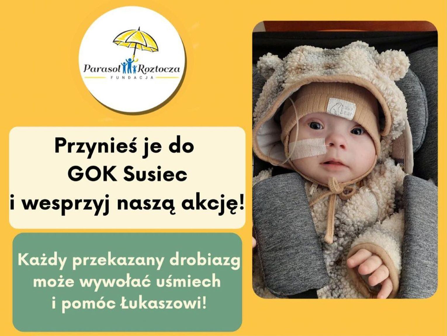 Podaruj cegiełkę na leczenie Łukasza Paski. Przynieś jakiś gadżet do GOK-u Susiec