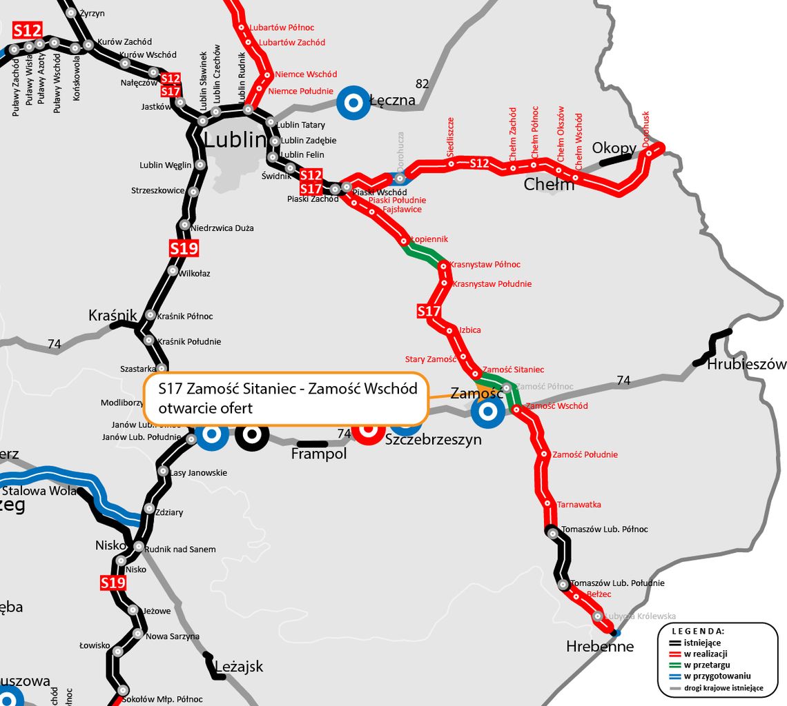 Aż 13 firm i konsorcjów chętnych na budowę obwodnicy Zamościa w ciągu S17 Budowa drogi ekspresowej między węzłem Piaski Wschód a granicą z Ukrainą w Hrebennem jest podzielona na 9 odcinków o łącznej długości 115 km.