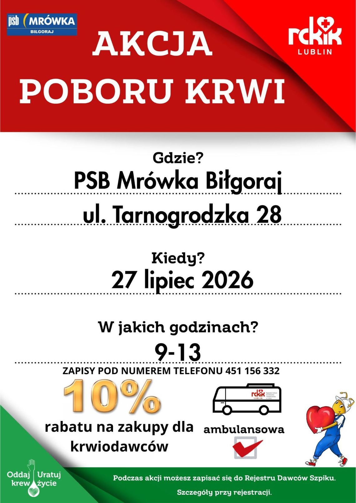 Biłgoraj. Akcja poboru krwi przy markecie Mrówka