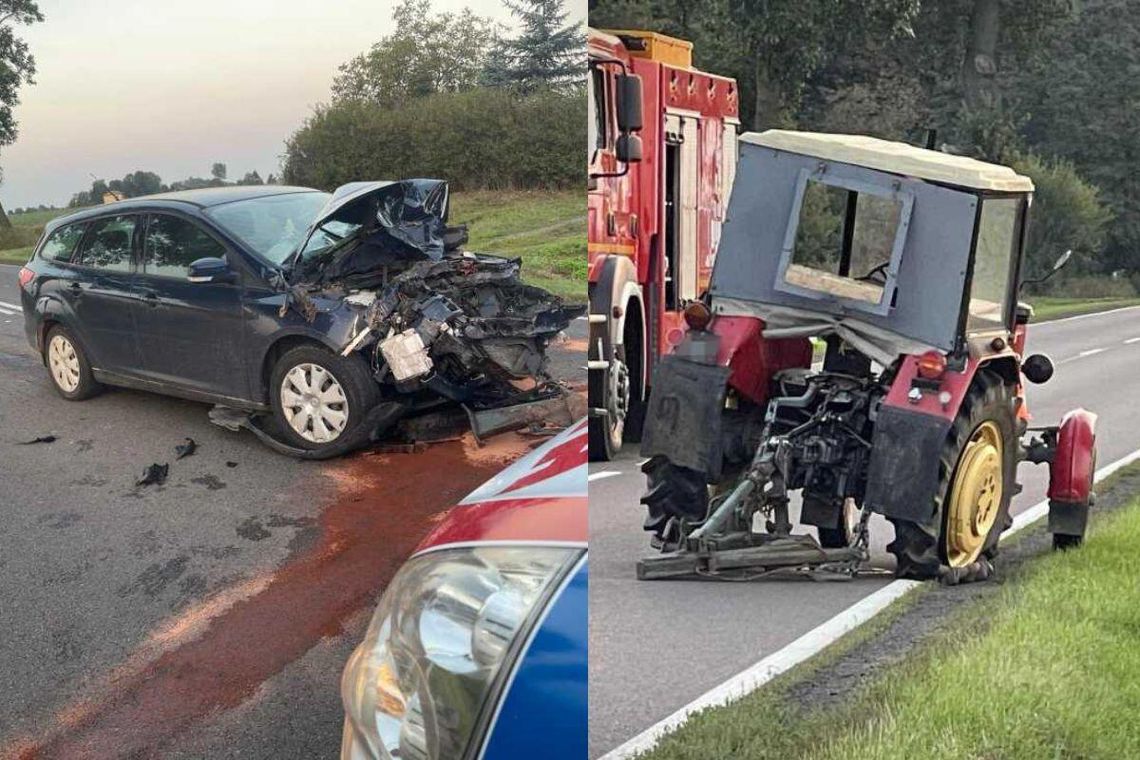 Kierowca forda 35-latek z gminy Rachanie w powiecie tomaszowskim prawdopodobnie zagapił się i najechał autem na tył traktora z podczepionymi do niego bronami.