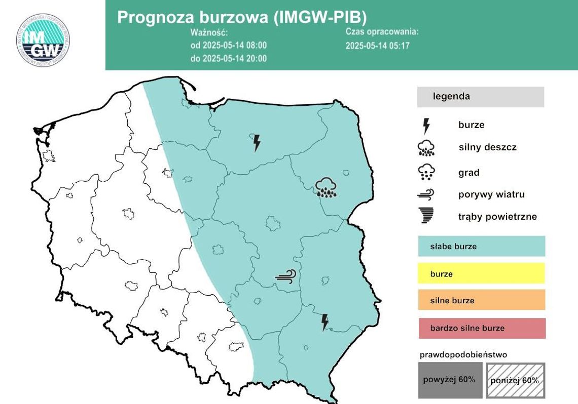Prognoza wskazuje, że w środę 14 maja mogą wystąpić niebezpieczne zjawiska atmosferyczne.