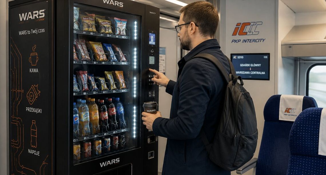 Kawa i przekąski bez kolejki. WARS podwaja liczbę automatów w pociągach Spółka WARS zapowiedziała, że do końca 2027 r. niemal podwoi liczbę automatów vendingowych w pociągach.