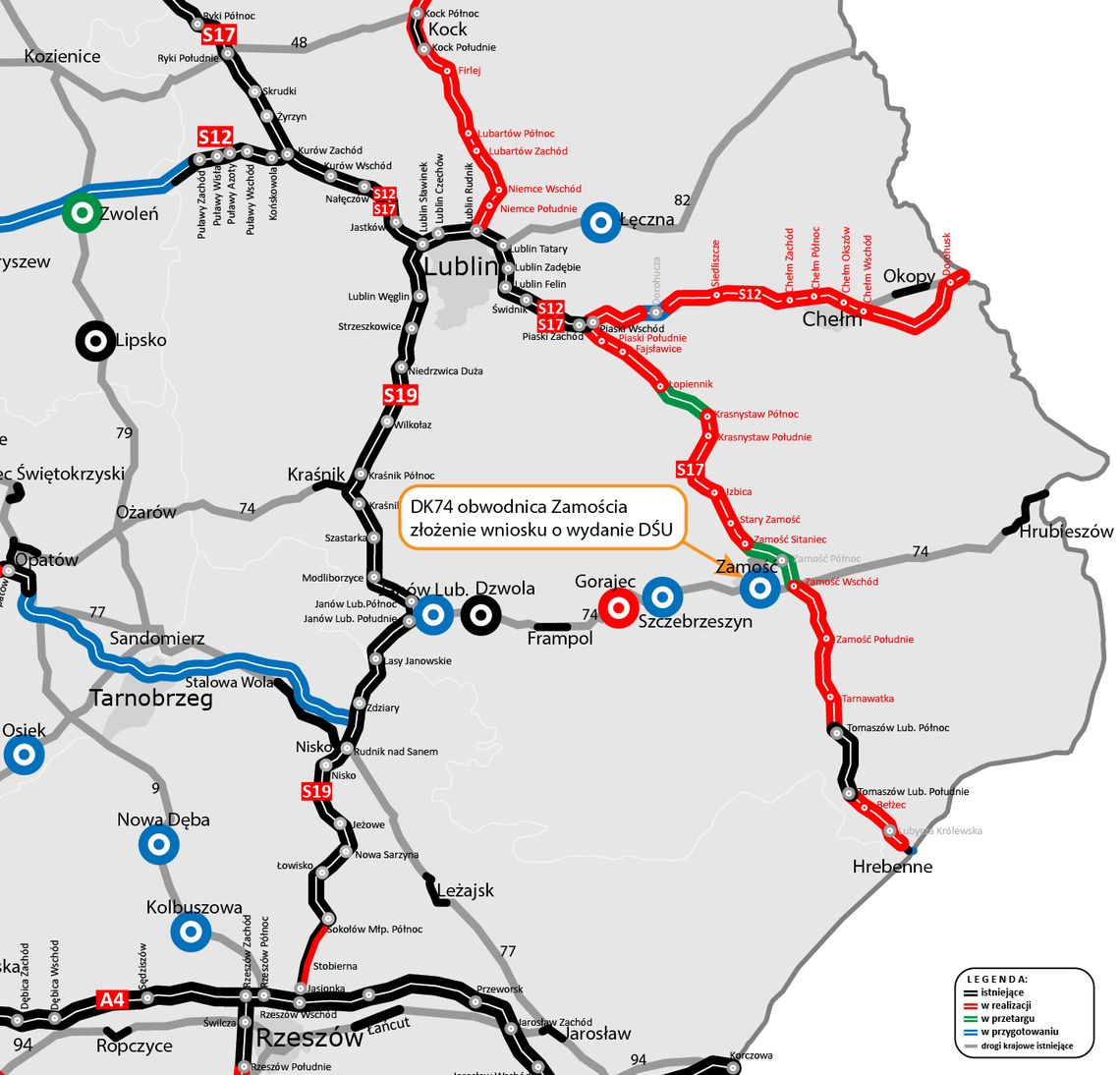 Kolejny krok do budowy obwodnicy Zamościa w ciągu DK74. Będzie wariant zielony? Generalna Dyrekcja Dróg Krajowych i Autostrad złożyła wniosek o decyzję środowiskową dla obwodnicy Zamościa w ciągu DK74, rekomendując wariant 3C (zielony).