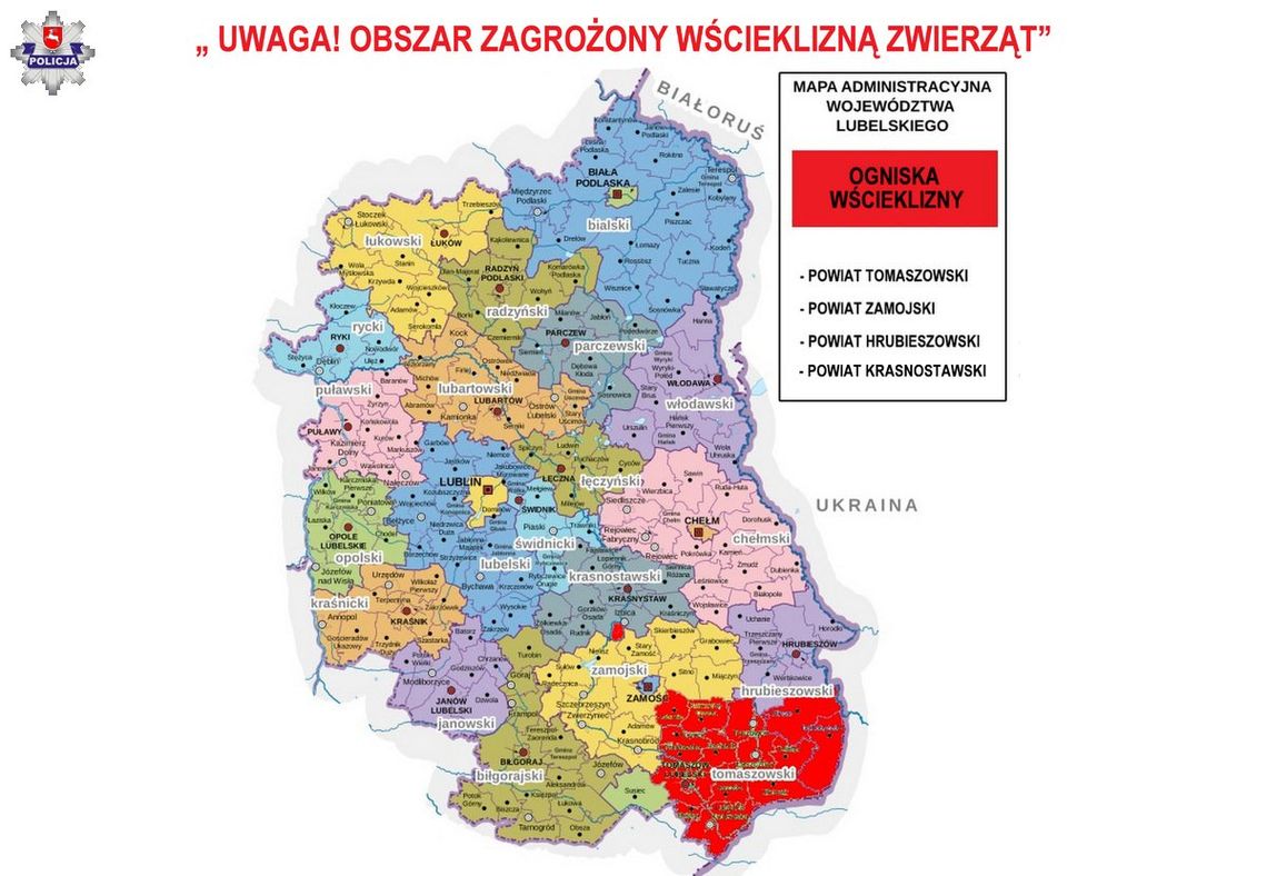 Na mapie obszar zagrożony wścieklizną zwierząt.