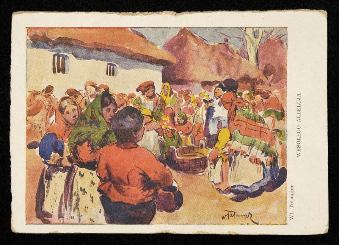 Kartka pocztowa z ok. 1905 roku. W Wielką Sobotę święcono wodę, którą później wlewano do studni, by pozbyć się robactwa.