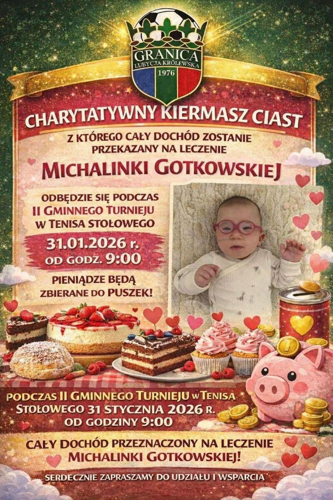 Lubycza Król.: Wesprą córkę koleżanki. Zagrają dla chorej Michalinki na Gminnym Turnieju Tenisa Stołowego Charytatywny kiermasz ciast i turniej w tenisa organizuje GLKS Lubycza Królewska.