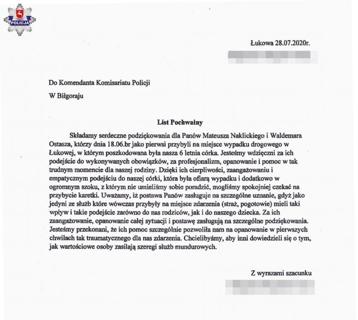 Łukowa: Rodzice dziewczynki podziękowali policjantom po wypadku