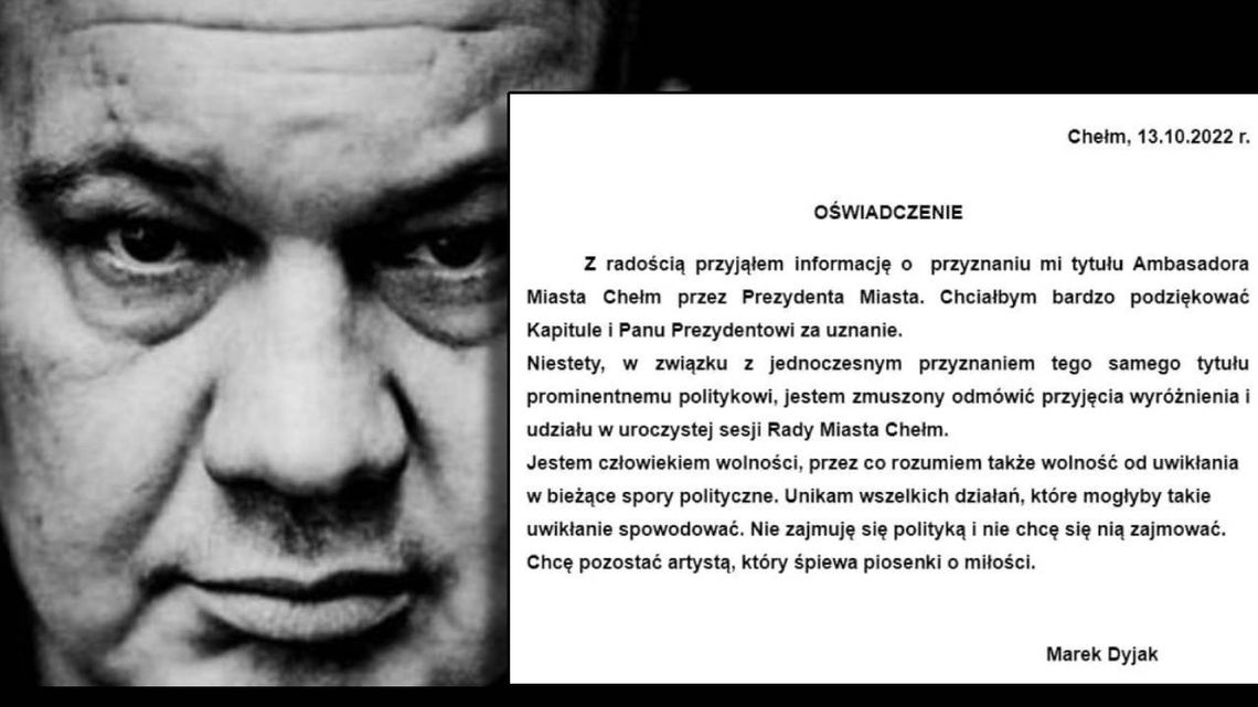 Marek Dyjak nie chce być Ambasadorem Chełma. Przez wyróżnienie „prominentnego polityka…”
