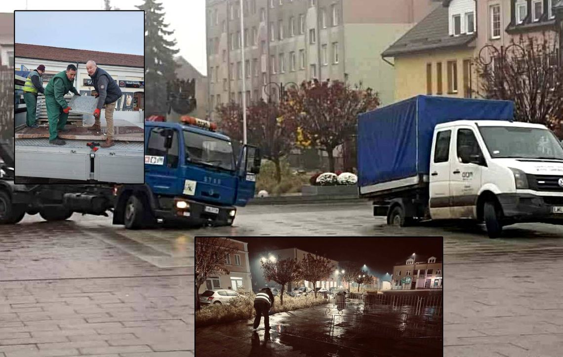 Dwie ciężarówki MPGK zapadły się na fontannie na rynku we Włodawie.