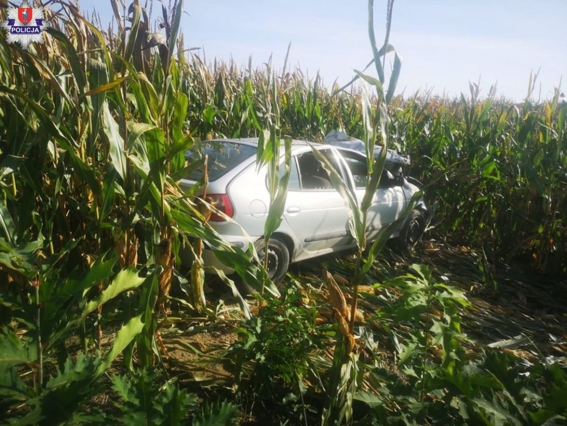 Kierowca na prostym odcinku drogi powiatowej, prawdopodobnie jechał zbyt szybko i stracił panowanie nad pojazdem. Wjechał na pobocze, następnie do przydrożnego rowu, a później na pole, gdzie rosła kukurydza.