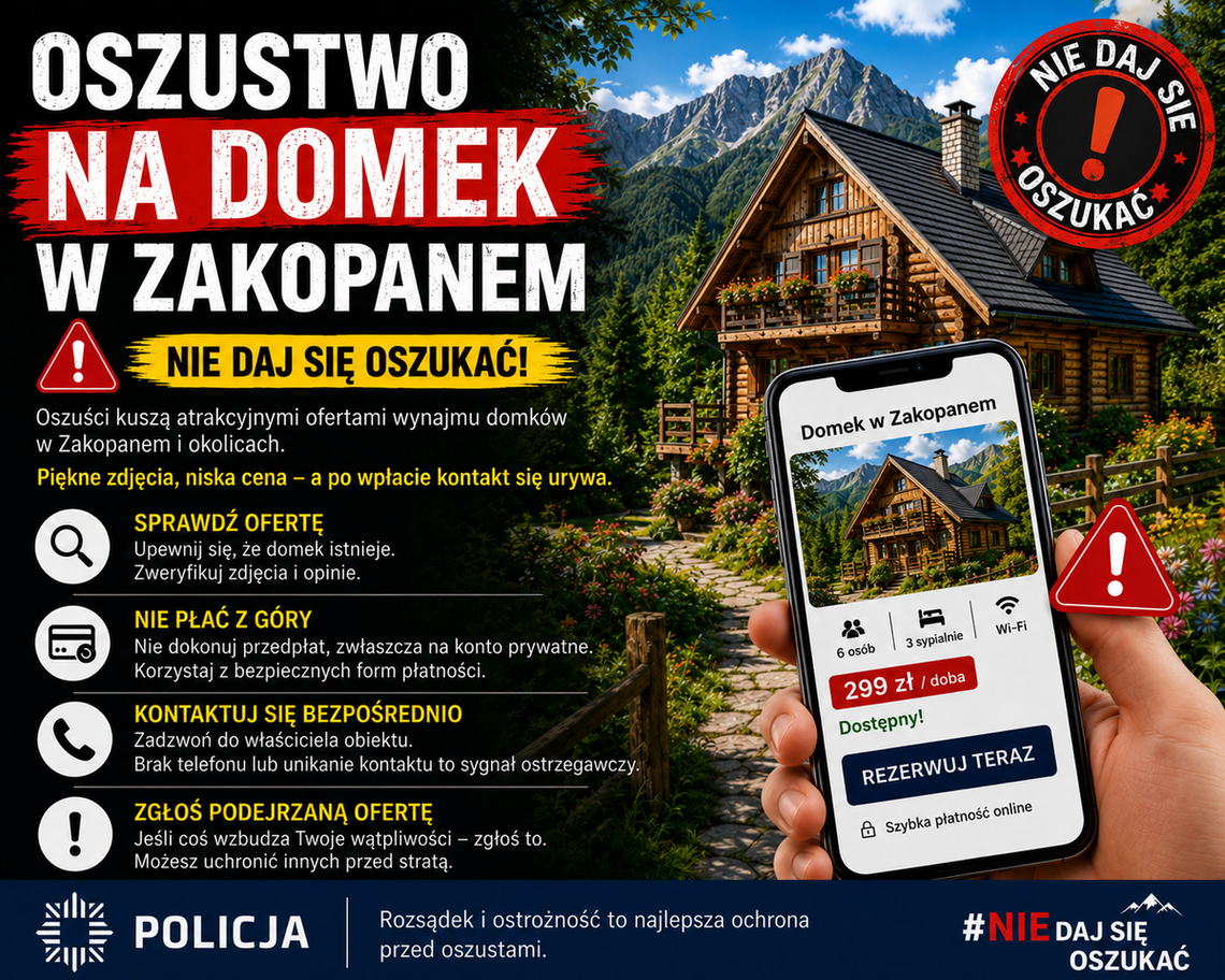 Na fałszywe ogłoszenie wynajmu domku wczasowego w Zakopanem trafiła 52-latka z powiatu tomaszowskiego.