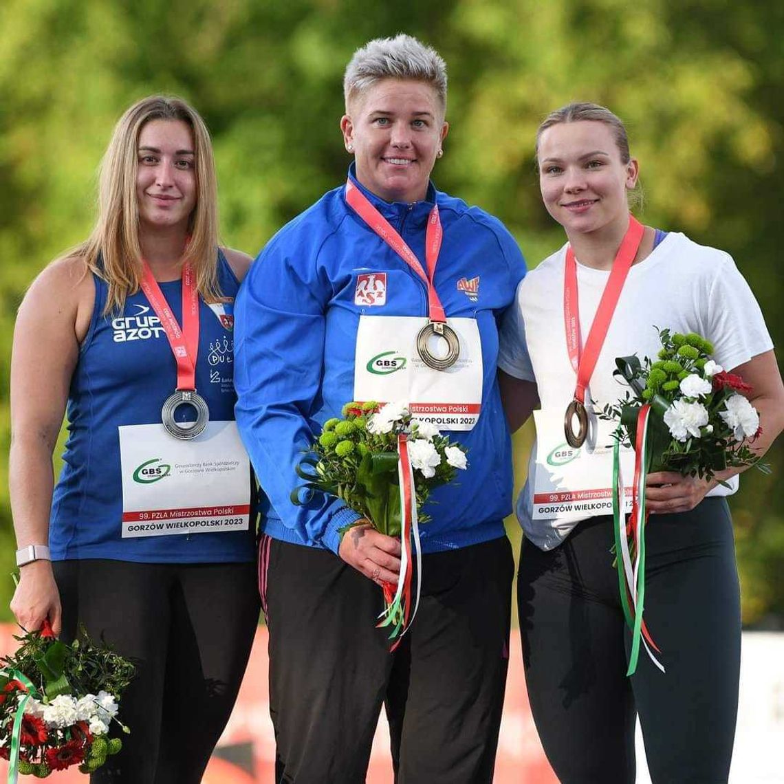 Podium młociarek w 99. PZLA mistrzostwach Polski w Gorzowie Wielkopolskim. Od lewej: Malwina Kopron (Wisła Puławy), Anita Włodarczyk (AZS AWF Katowice) i Aleksandra Śmiech (Agros Zamość).