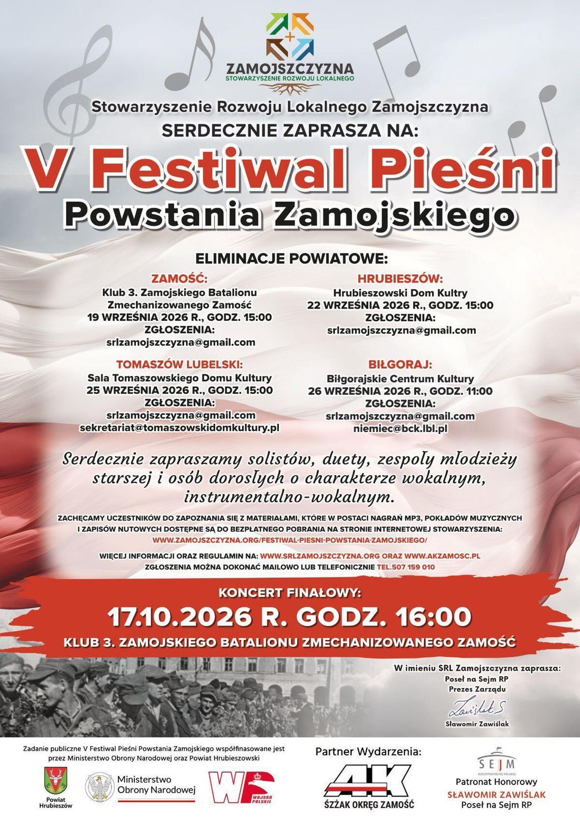 Ruszył nabór do V Festiwalu Pieśni Powstania Zamojskiego w regionie Stowarzyszenie Rozwoju Lokalnego „Zamojszczyzna” rozpoczęło nabór uczestników do V Festiwalu Pieśni Powstania Zamojskiego.