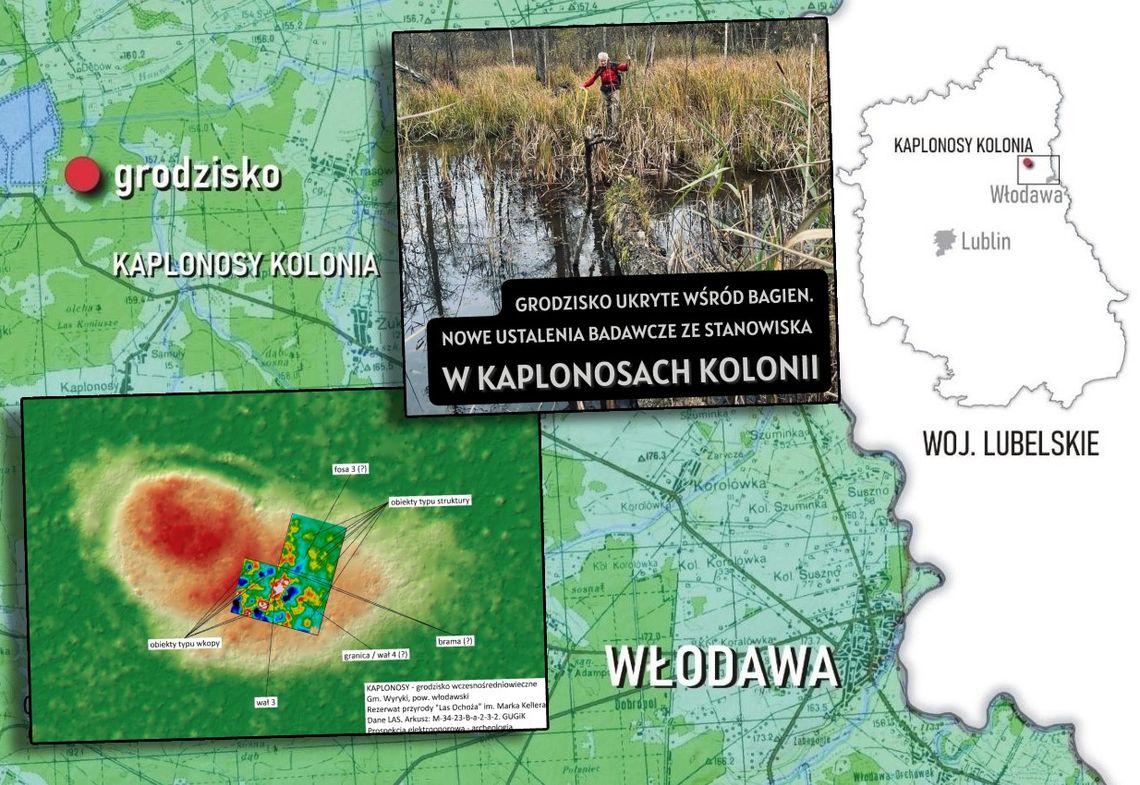 Tajemnica ukryta wśród bagien. Niezwykłe odkrycia archeologiczne na Lubelszczyźnie Nowe ustalenia badawcze ze stanowiska w Kaplonosach Kolonii. Kierownik badań archeologicznych – mgr Marcin Piotrowski w drodze na stanowisko (fot. P. Piotrowska).