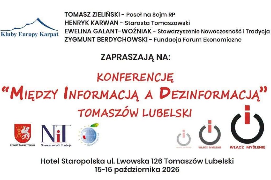 W dniach 15-16 października w Tomaszowie Lubelskim odbędzie się konferencja pt. „Między informacją a dezinformacją”.