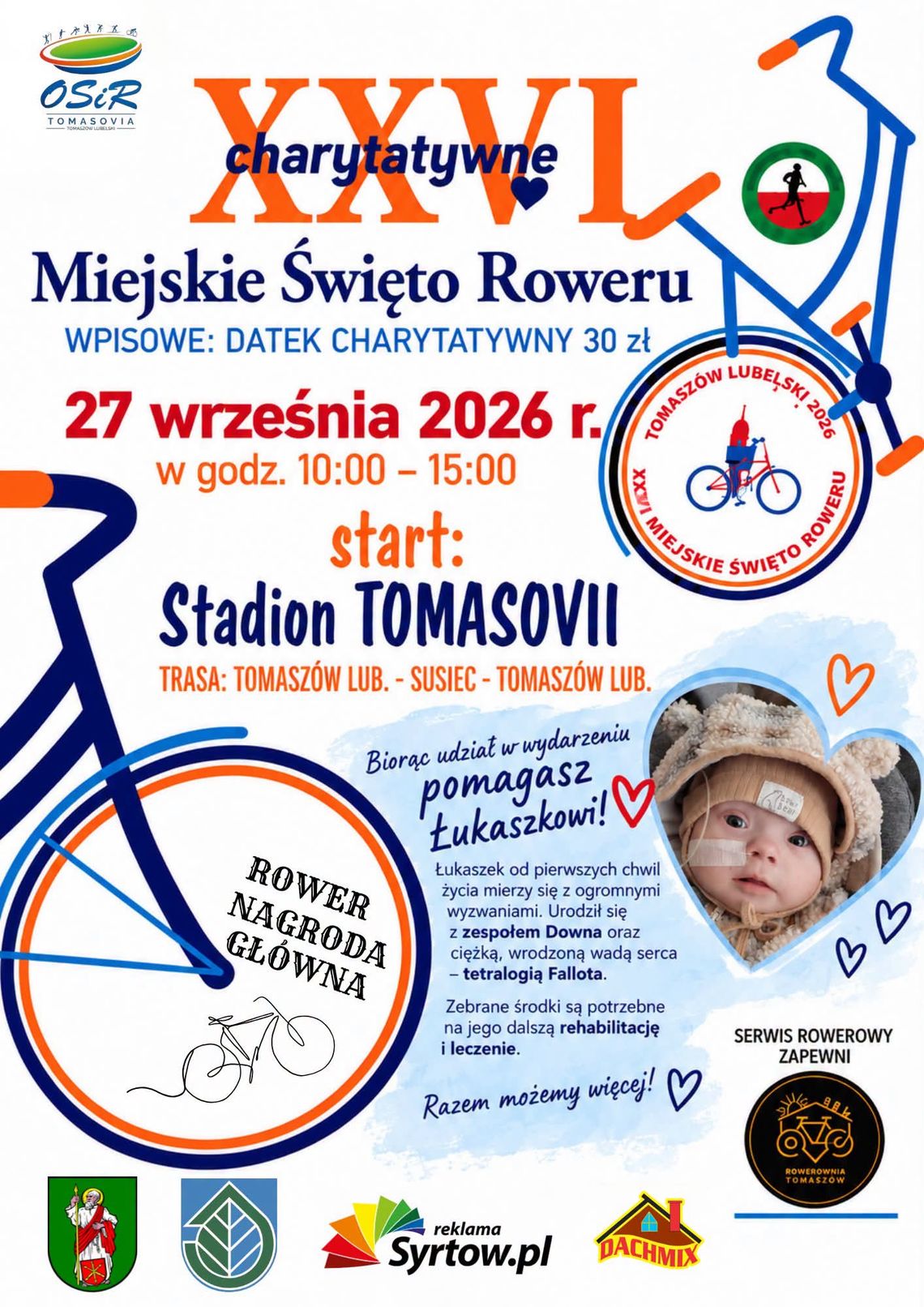 Tomaszów Lubelski: Miejskie Święto Roweru z myślą o Łukaszu. Weź udział i pomóż W Tomaszowie Lubelskim w niedzielę, 27 września odbędzie się XXVI Charytatywne Miejskie Święto Roweru.