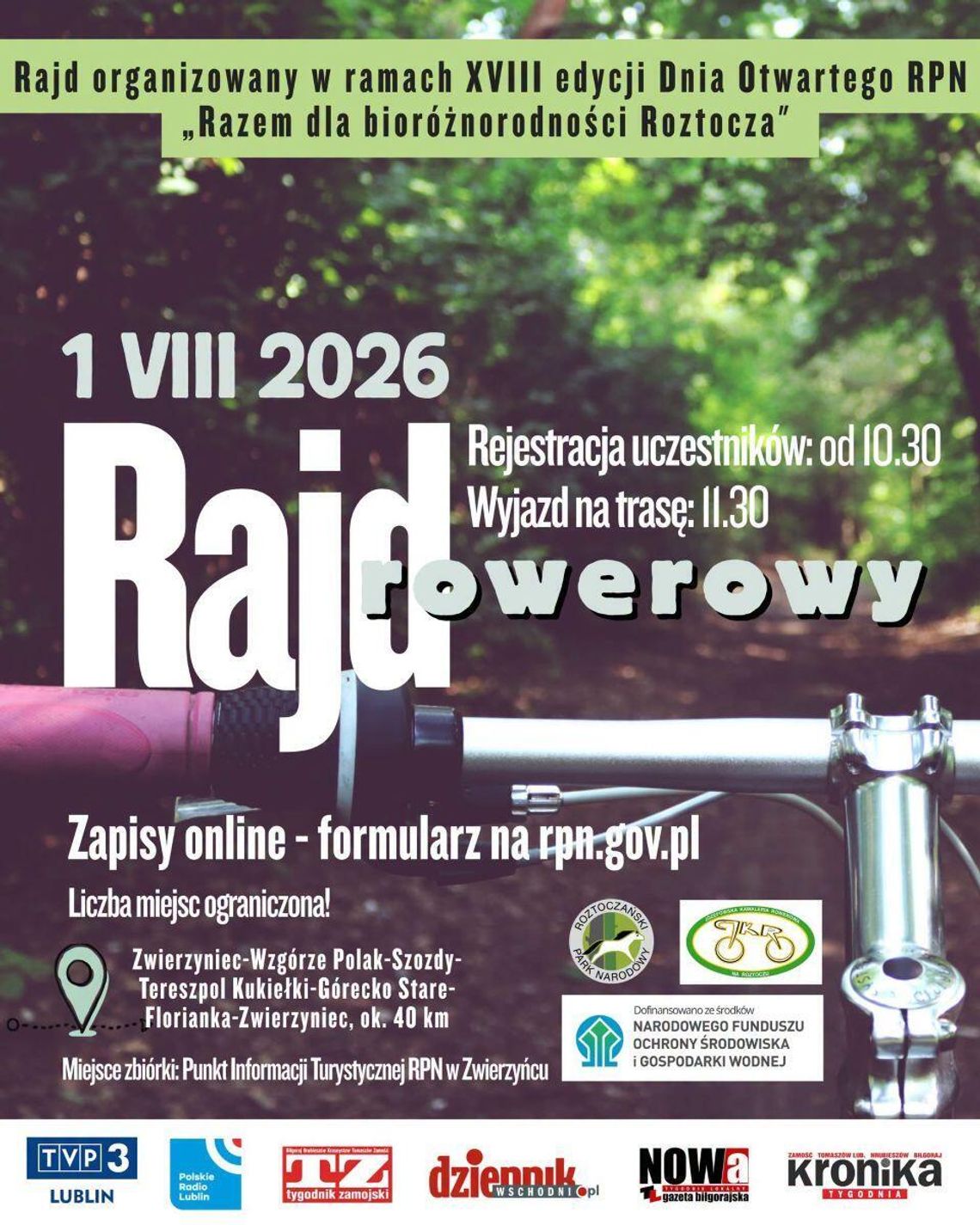 Trwają zapisy! Rowerowy rajd po Roztoczu pod patronatem "Kroniki Tygodnia" 1 sierpnia podczas XVIII edycji Dnia Otwartego Roztoczańskiego Parku Narodowego planowany jest rajd rowerowy „Razem dla bioróżnorodności Roztocza”.