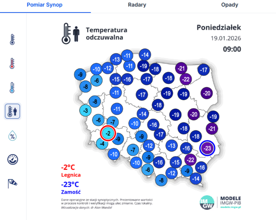 19 stycznia Zamość okazał się najzimniejszym miejscem w kraju – przy gruncie odnotowano tam aż –24°C.