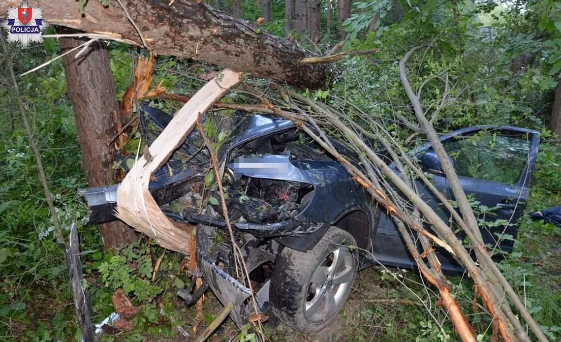 Rozbity samochód na miejscu wypadku koło Krasnobrodu.