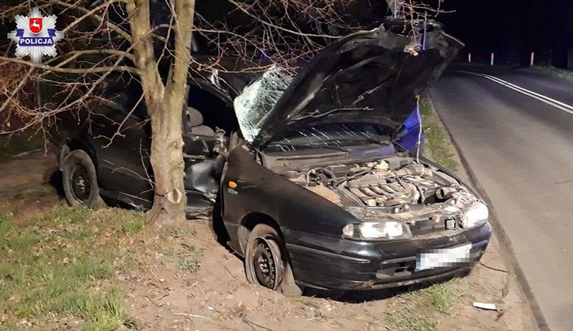 Wypadek w Lubyczy Królewskiej. 28-latek rozbił fiata na drzewie