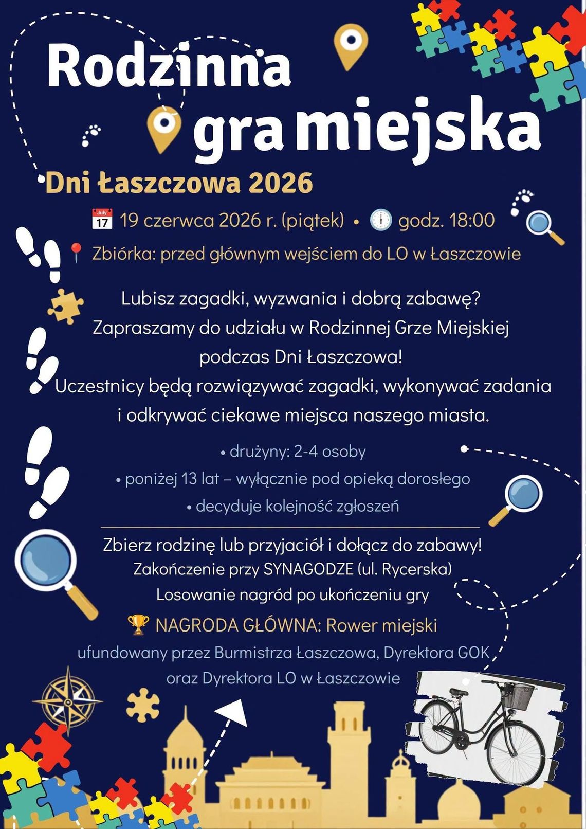 Zacznie się o 18, można wygrać rower! Rodzinna gra miejska podczas Dni Łaszczowa Łaszczów zaprasza mieszkańców i gości do wspólnej zabawy podczas Dni Łaszczowa 2026. Rodzinna gra miejska połączy zagadki, odkrywanie miasta i rywalizację o atrakcyjne nagrody, w tym rower miejski.