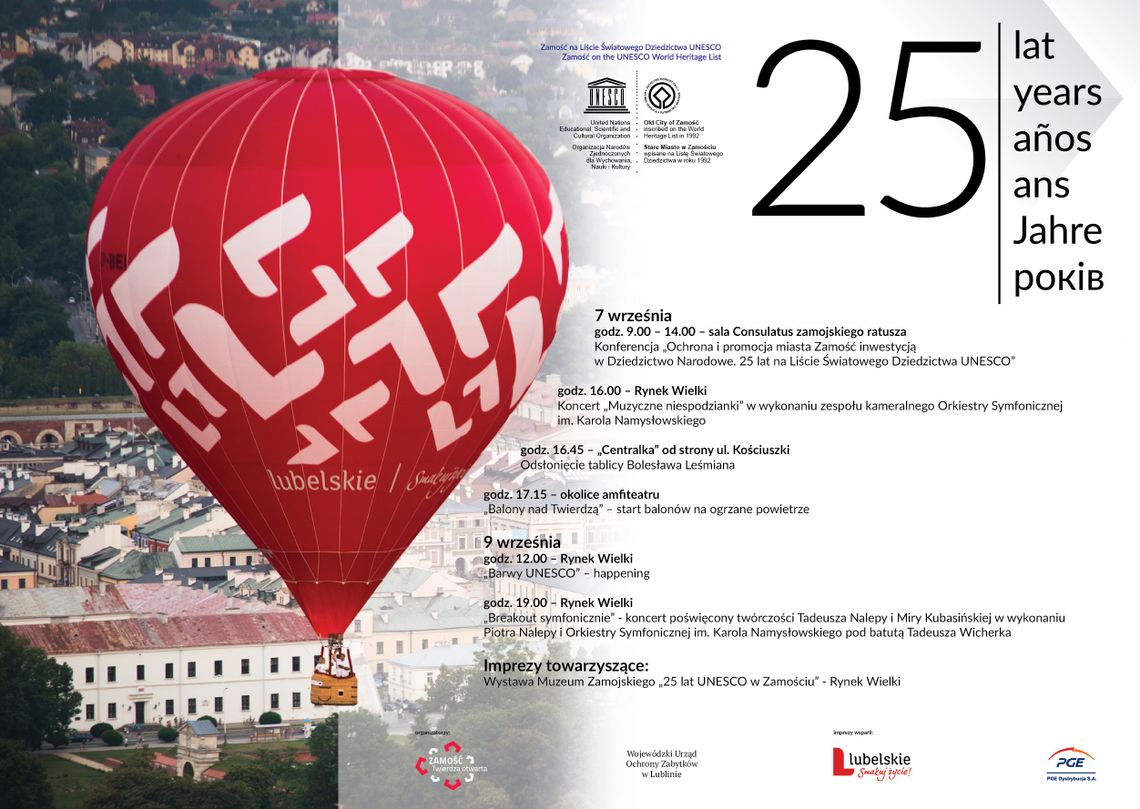 Zamość już 25 lat na liście UNESCO. Będą loty balonów, festiwal kolorów, koncerty