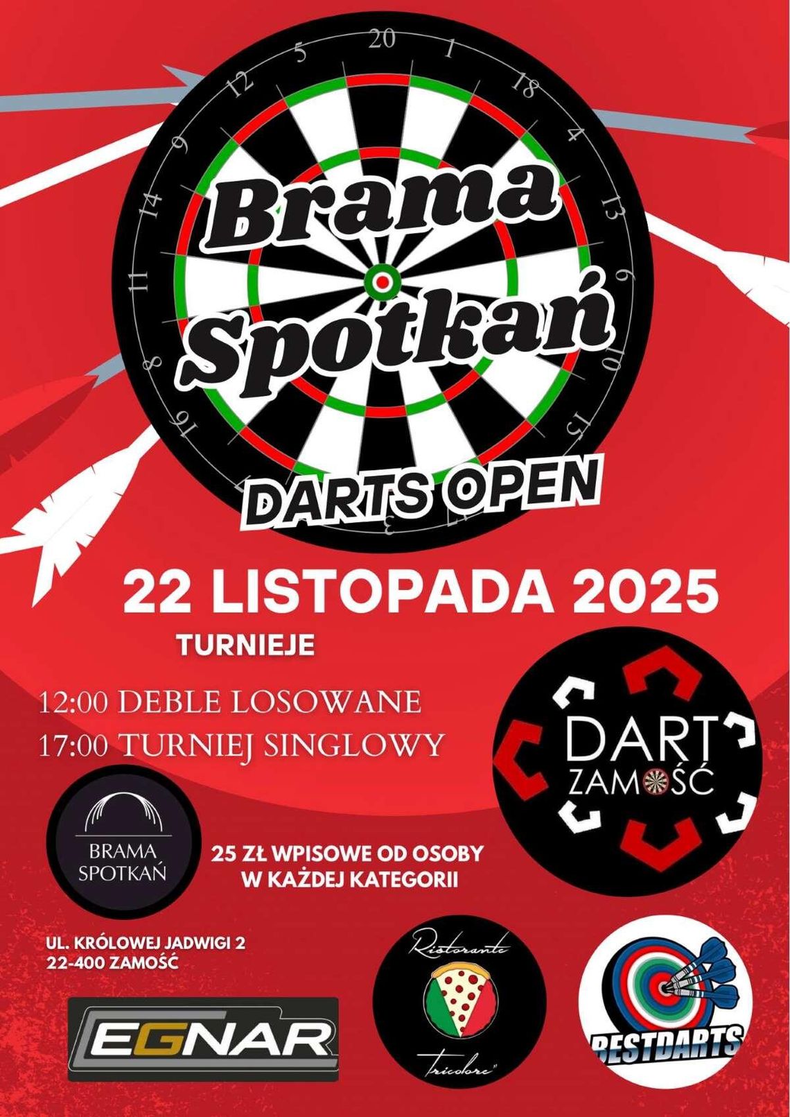 Zamość szykuje się na turniej Brama Spotkań Darts Open. Start już 22 listopada Plakat z zapowiedzią turnieju darta w Zamościu.