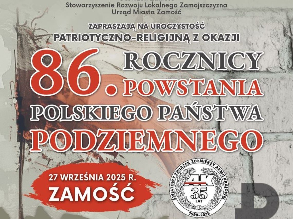 Światowy Związek Żołnierzy Armii Krajowej Okręg Zamość zaprasza 27 września na obchody 86. rocznicy powstania Polskiego Państwa Podziemnego.