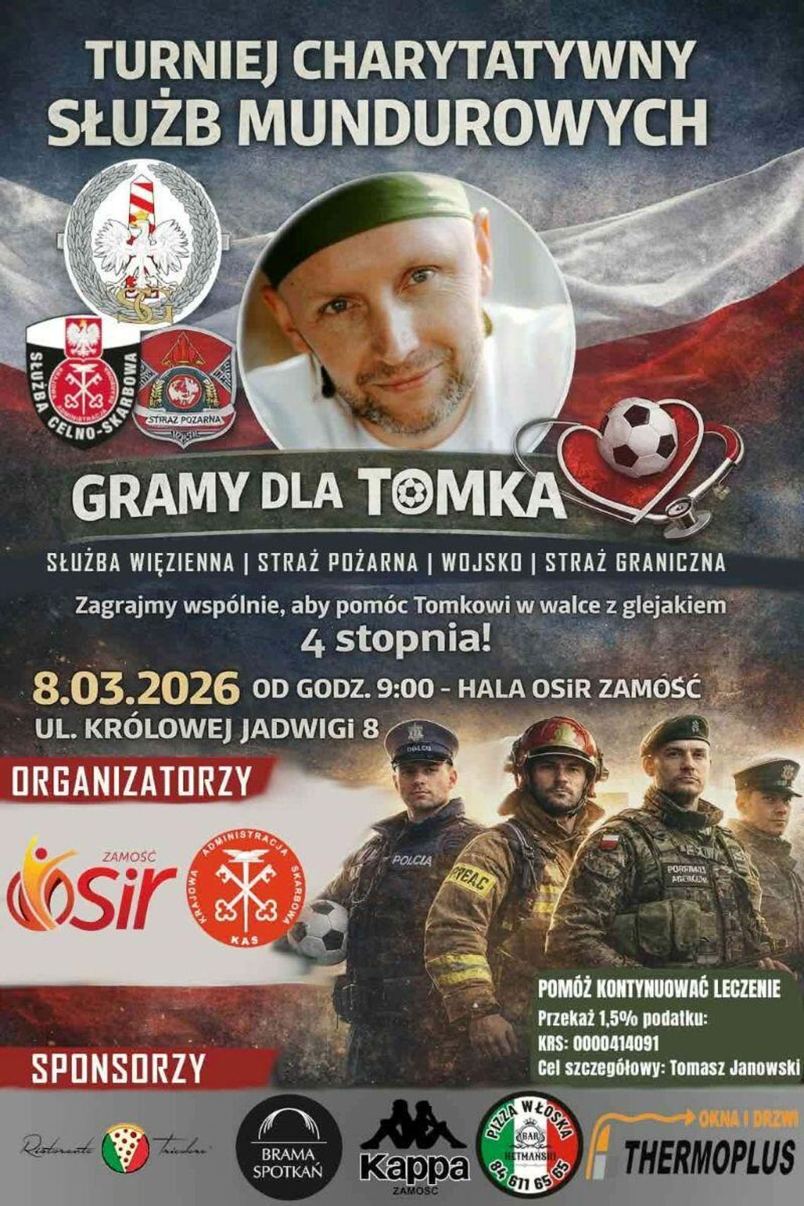 W niedzielę, 8 marca 2026 roku, w Zamościu odbędzie się charytatywny turniej służb mundurowych pod hasłem „Gramy dla Tomka”.