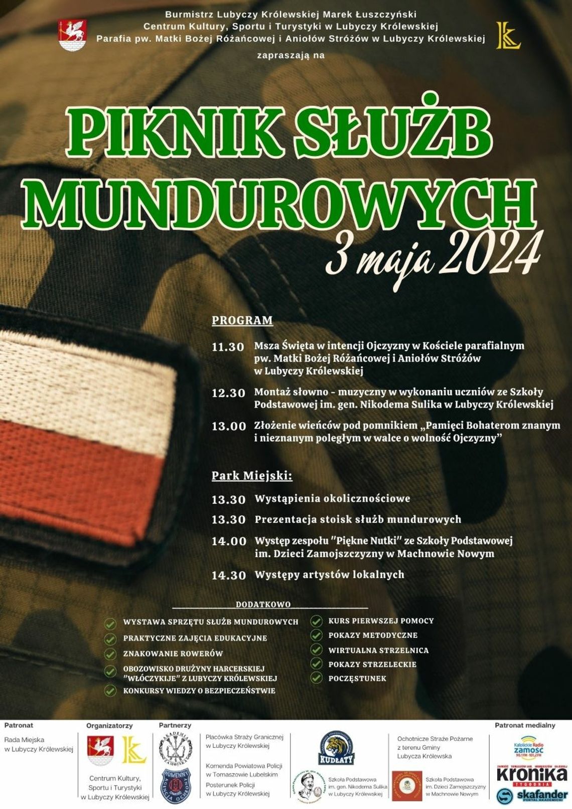 Piknik Służb Mundurowych, organizowany w ramach obchodów Święta Konstytucji 3 Maja, odbędzie się 3 maja 2024 roku w Lubyczy Królewskiej.