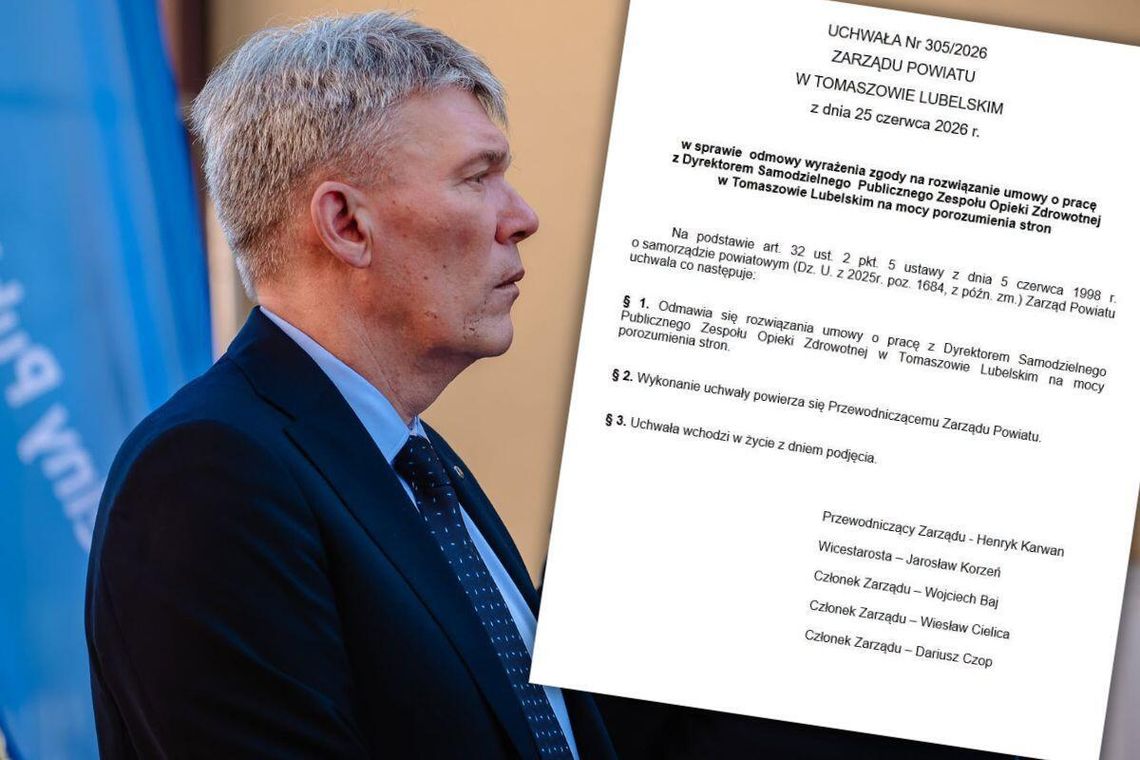 Decyzja Zarządu Powiatu oznacza, że mimo medialnych kontrowersji związanych z wysokością wynagrodzenia dyrektora SP ZOZ Tomaszów Lub., władze samorządowe nie tylko nie przyjęły jego propozycji odejścia, ale publicznie udzieliły mu jednoznacznego poparcia.