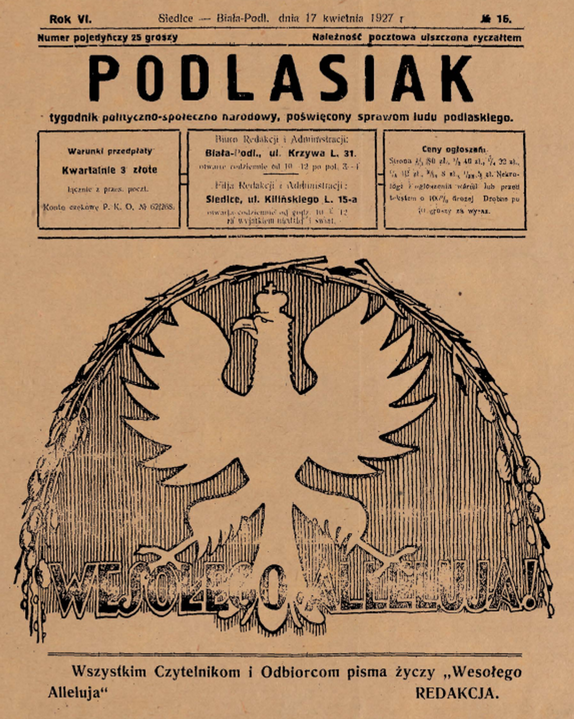 Okładka „Podlasiaka”, wydanie z 17 kwietnia 1927 r. 99 lat temu Wielkanoc wypadała właśnie tego dnia.