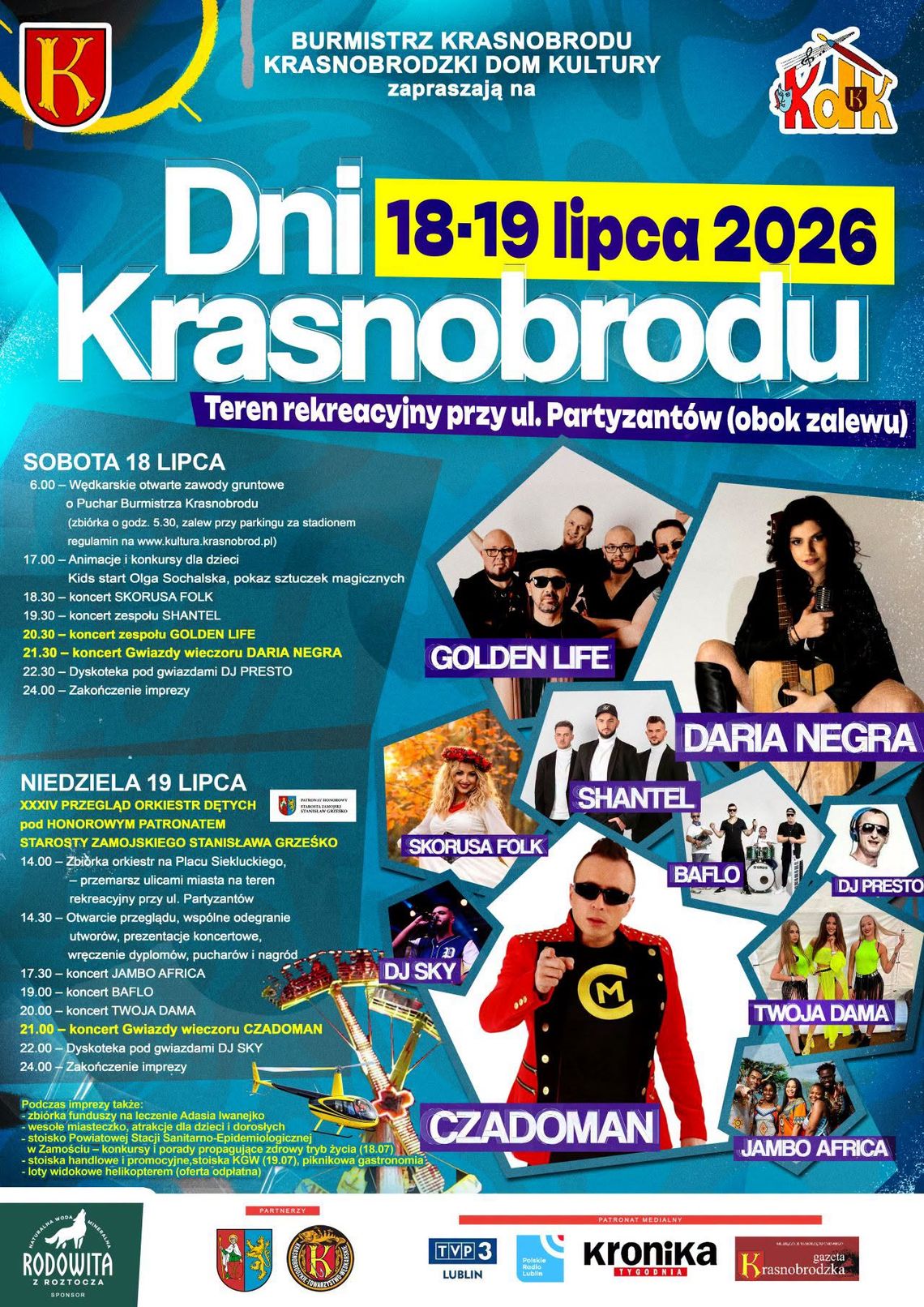Plakat wydarzenia Dni Krasnobrodu 18-19 lipca 2026 z programem koncertów i atrakcji