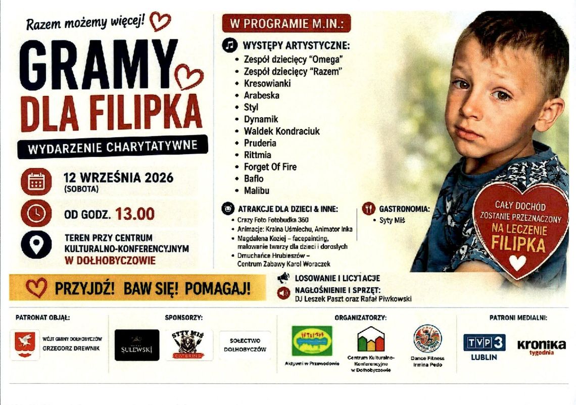 Dołhobyczów: Gramy dla Filipka Plakat wydarzenia charytatywnego Gramy dla Filipka z informacją o dacie, miejscu i programie