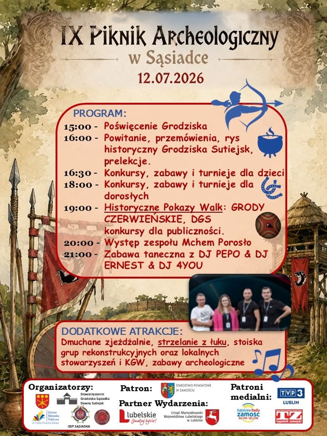 IX Piknik Archeologiczny w Sąsiadce Plakat IX Pikniku Archeologicznego w Sasiadce z programem wydarzeń na 12 lipca 2026 roku.