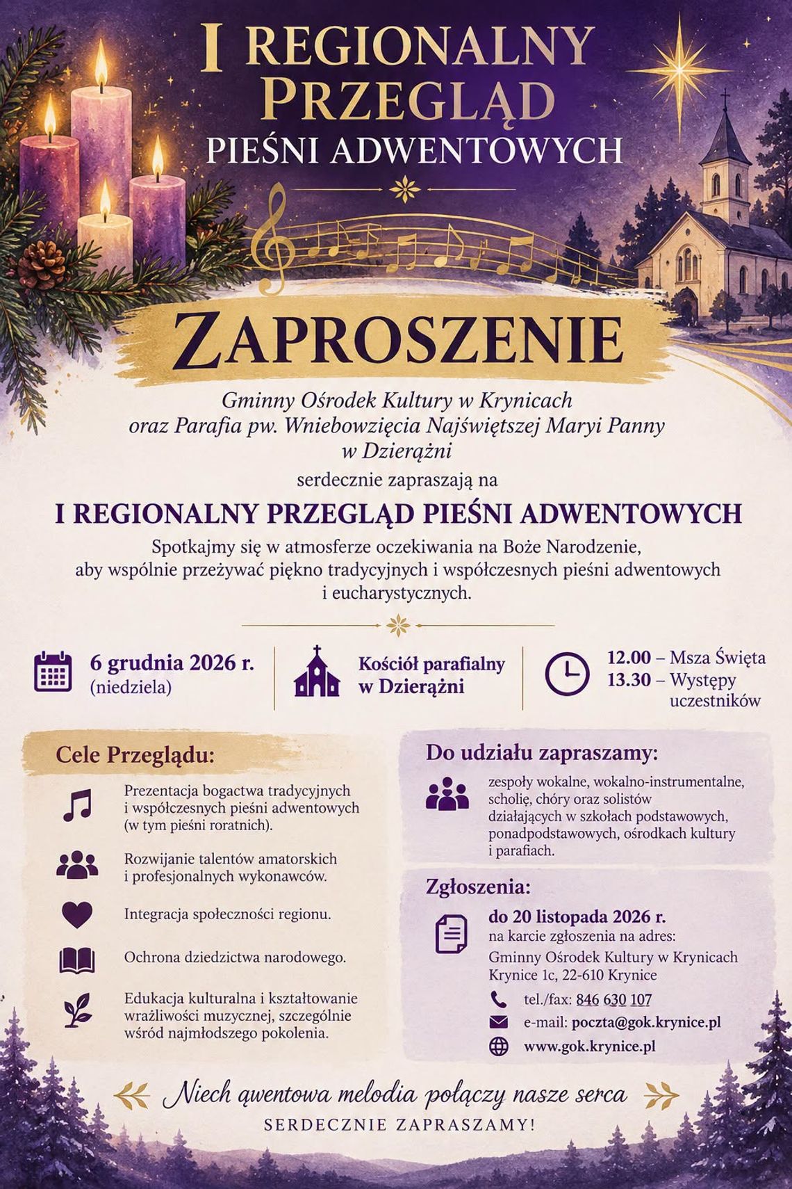 Krynice: I Regionalny Przegląd Pieśni Adwentowych Plakat I Regionalnego Przeglądu Pieśni Adwentowych w Dzierążni