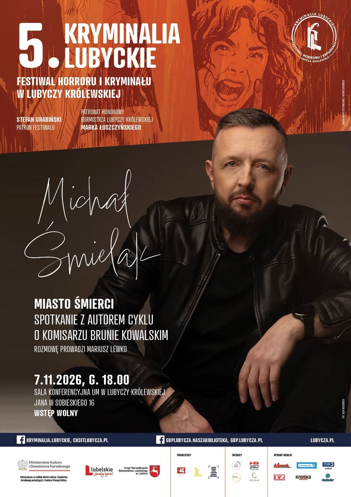 Lubycza Królewska: Spotkanie autorskie z Michałem Śmielakiem Plakat wydarzenia Kryminalia Lubyckie zapowiadający spotkanie z Michałem Śmielakiem