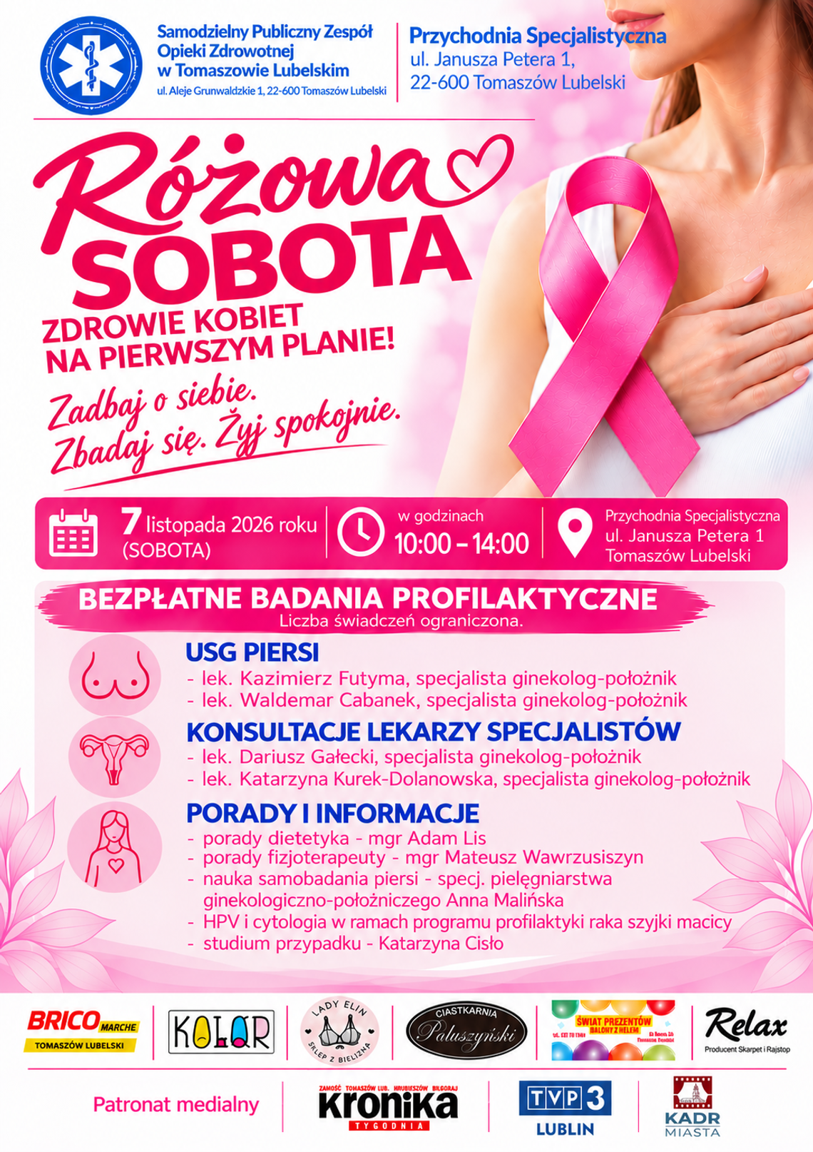 Plakat wydarzenia Różowa Sobota z informacją o bezpłatnych badaniach profilaktycznych dla kobiet w Tomaszowie Lubelskim